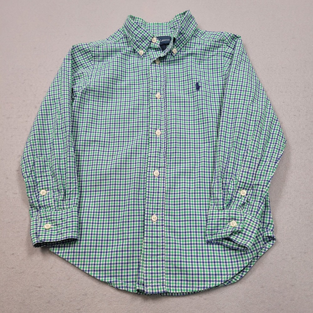 Ralph Lauren Boys Green‎ Blue Gingham Plaid Button Down Shirt Size 5 322172012
